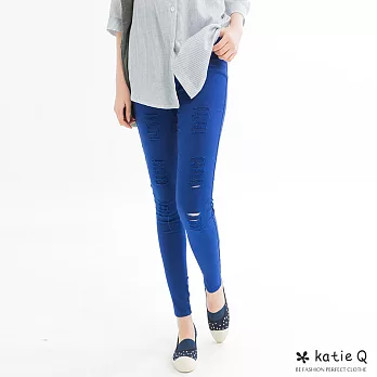 【KatieQ】對稱刷破彈性窄管褲(3色)-M-XL　M寶藍