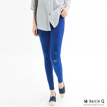 【KatieQ】對稱刷破彈性窄管褲(3色)-M-XL M寶藍