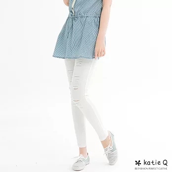 【KatieQ】對稱刷破彈性窄管褲(3色)-M-XL　M白
