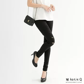 【KatieQ】對稱刷破彈性窄管褲(3色)-M-XL　M黑