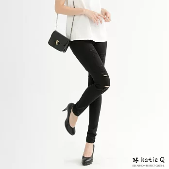 【KatieQ】對稱刷破彈性窄管褲(3色)-M-XL M黑