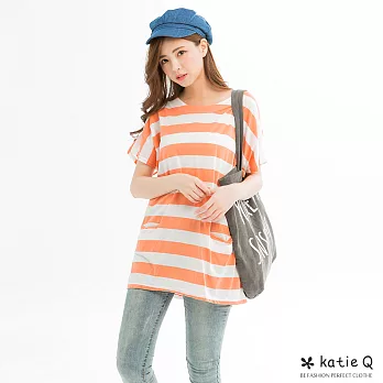 【KatieQ】寬條紋休閒長上衣(3色)-F FREE橘