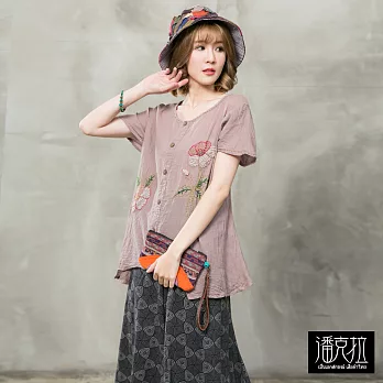 【潘克拉】素雅手縫小花捲T(2色)-F FREE卡