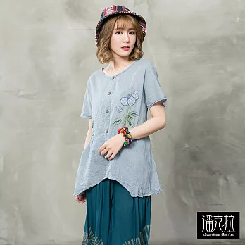 【潘克拉】素雅手縫小花捲T(2色)-F FREE灰