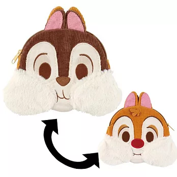 【日本進口正版】迪士尼 Disney 奇奇蒂蒂 雙面圖案 大頭造型 拼接布料 拉鍊 零錢包/收納包