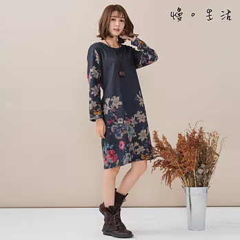 【慢。生活】復古印花連身裙-F FREE藍