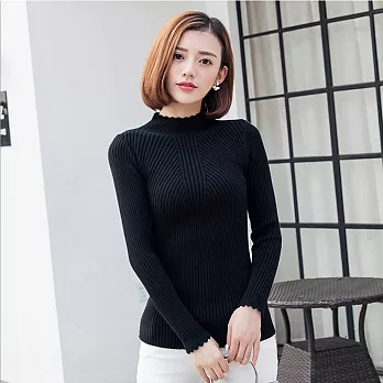 【MsMore】韓版純色花邊小高領坑條紋針織上衣601220032F黑