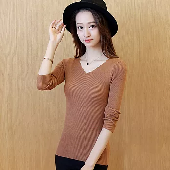 【MsMore】純色V領花邊針織上衣601220038F黃