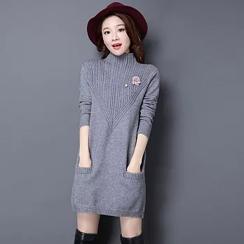 【MsMore】韓版V型修身雙口袋針織長上衣601220034F灰