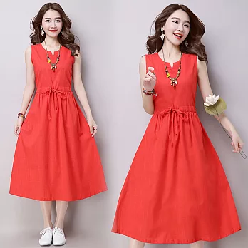 【NUMI】森-純色無袖抽繩綁帶連衣裙-共4色-50963(M-2XL可選)XL橘紅色
