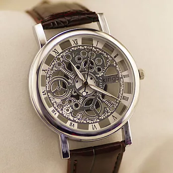 Watch-123 鐘樓情人-古典雙面鏤空仿機械手錶 (4色任選)褐帶x銀面