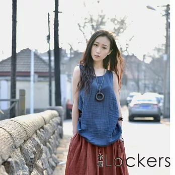 【Lockers 木櫃】純色棉麻背心VS百褶半身長裙(單售藍色上衣)