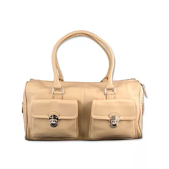 agnes b. 真皮雙口袋波士頓大提包-卡其色