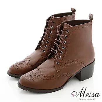 【Messa米莎】首選復古綁帶牛津粗跟短靴-39咖啡色
