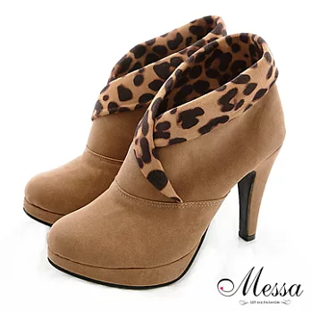 【Messa米莎】(MIT)豹紋反摺絨面高跟踝靴-35棕色