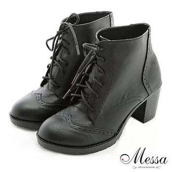 【Messa米莎】(MIT)英倫牛津綁帶粗跟短靴-35黑色