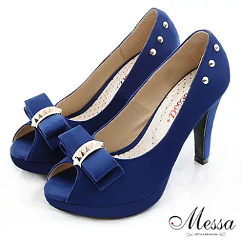 【Messa米莎】(MIT)蝴蝶結鉚釘魚口高跟鞋-35藍色