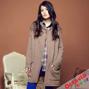 【OCTAVIA COLOR】FLOWER 連帽單扣大口袋針織外套 - 奶茶棕