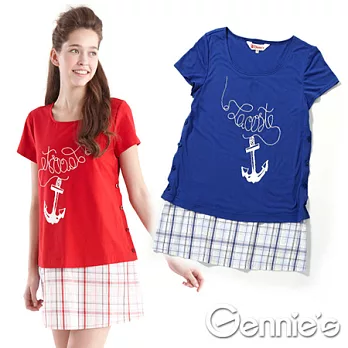 【Gennie’s奇妮】格紋船錨度假風春夏孕婦哺乳洋裝(GNA06)M藍