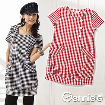 【Gennie’s奇妮】個性服飾格紋春夏孕婦哺乳洋裝(GNA11)M紅格紋