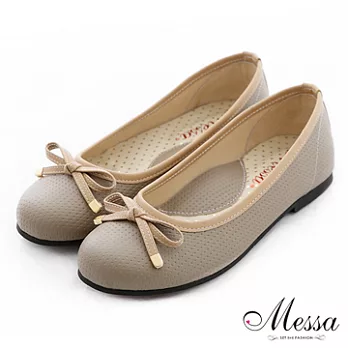 【Messa米莎】(MIT)舒適透氣蝴蝶結內真皮平底包鞋-35駝色