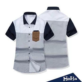 【HeHa】新款休閒條紋撞色拼接短袖襯衫-XL(灰白)
