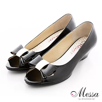 【Messa米莎】(MIT)高雅蝴蝶結內真皮魚口楔型鞋-35黑色