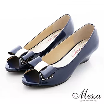 【Messa米莎】(MIT)高雅蝴蝶結內真皮魚口楔型鞋-35藍色