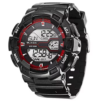 JAGA捷卡M935重裝悍將-多功能防水100米運動電子錶(黑紅)
