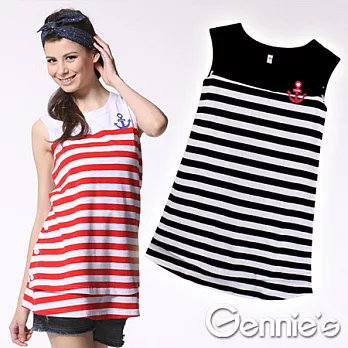 【Gennie’s奇妮】 海軍條紋春夏長版哺乳背心上衣(GNA44)M黑