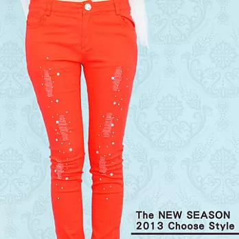 【EVA】熟的蜜桃 鑲鑽刷破牛仔長褲 - 桃紅桃紅