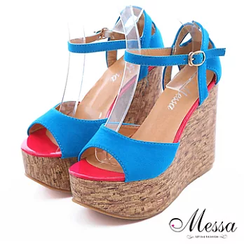 【Messa米莎】風情仲夏撞色楔型涼鞋35藍色