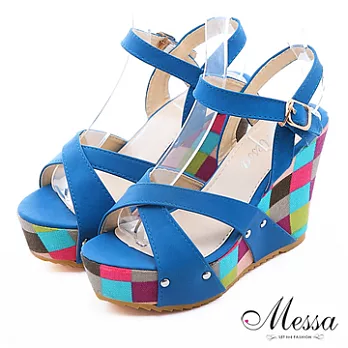 【Messa米莎】盛夏交叉玩色菱格楔型涼鞋35藍色