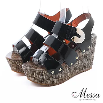 【Messa米莎】潮流漆皮寬帶楔型涼鞋35黑色