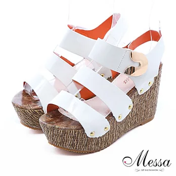【Messa米莎】潮流漆皮寬帶楔型涼鞋35白色