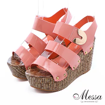 【Messa米莎】潮流漆皮寬帶楔型涼鞋35粉紅色