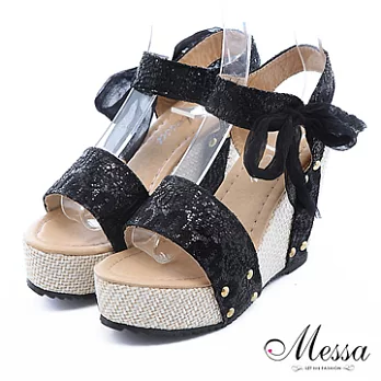 【Messa米莎】麗緻絲帶蝴蝶結楔型涼鞋35黑色