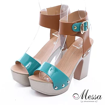 【Messa米莎】風采繫踝心型飾釦粗跟涼鞋35藍色