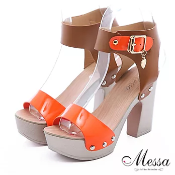 【Messa米莎】風采繫踝心型飾釦粗跟涼鞋35橘色