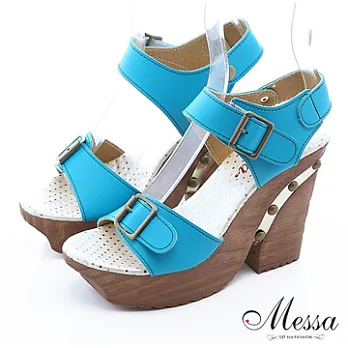 【Messa米莎】(MIT)簡約復古木紋粗跟涼鞋37藍色