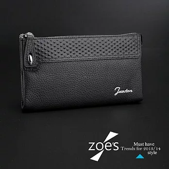 【Zoe’s】頂級 義大利小牛皮 鉚釘鈕扣 荔枝紋 真皮拉鍊長夾 手拿包 (尊爵黑-小)