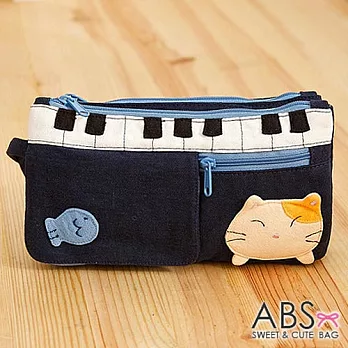 ABS貝斯貓 鋼琴貓咪拼布雙層拉鍊錢包 長夾 (海藍) 88-176