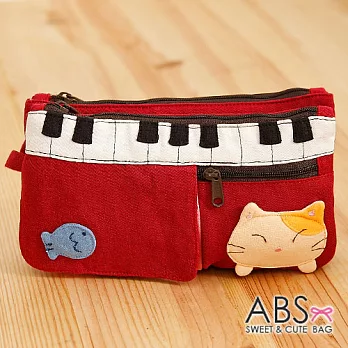 ABS貝斯貓 鋼琴貓咪拼布雙層拉鍊錢包 長夾 (暗紅) 88-176