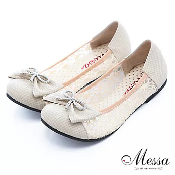 【Messa米莎】(MIT)蕾絲蝴蝶結內真皮平底包鞋38米色