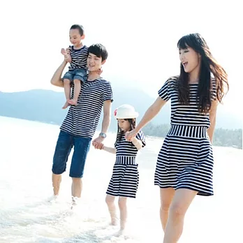 愛奢侈親子裝OK系深藍白橫條上衣洋裝親子裝(小孩)110兒子(深藍)