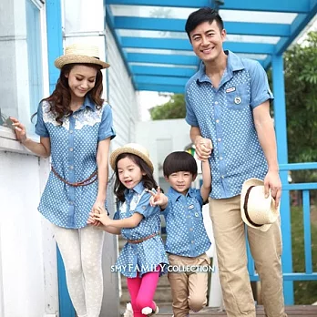 愛奢侈童裝~SMY復古網紗圓點仿牛仔上衣親子裝情侶裝(媽媽)L藍