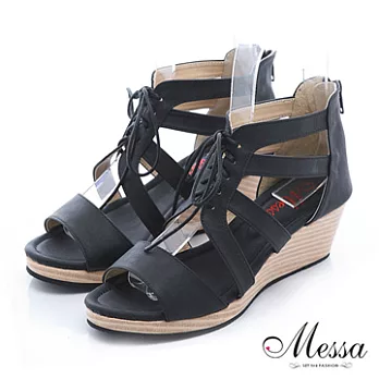 【Messa米莎】(MIT)簡約綁帶內真皮楔型涼鞋36黑色