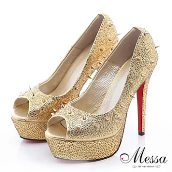 【Messa米莎】(MIT)狂野鉚釘亮鑽小羊皮高跟魚口鞋34金色