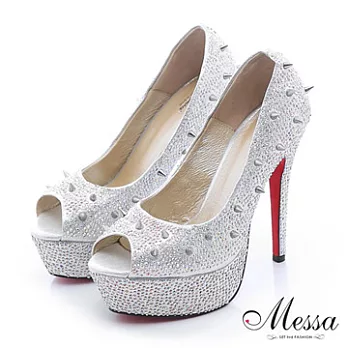 【Messa米莎】(MIT)狂野鉚釘亮鑽小羊皮高跟魚口鞋34銀色