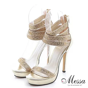 【Messa米莎】(MIT)奢華亮鑽繞踝小羊皮高跟涼鞋34金色